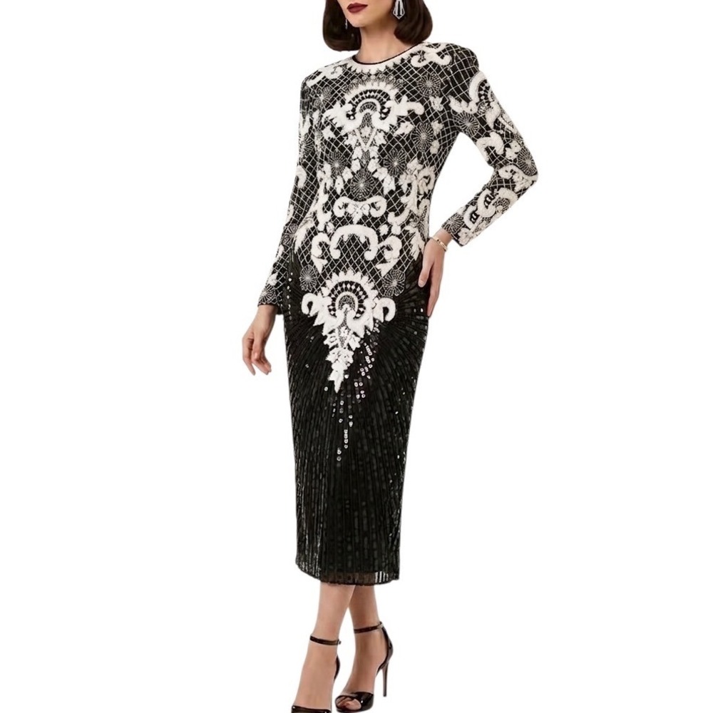 Scala Vintage Deadstock Silk Beaded Sequin Dress Women  Black White Art Deco Med